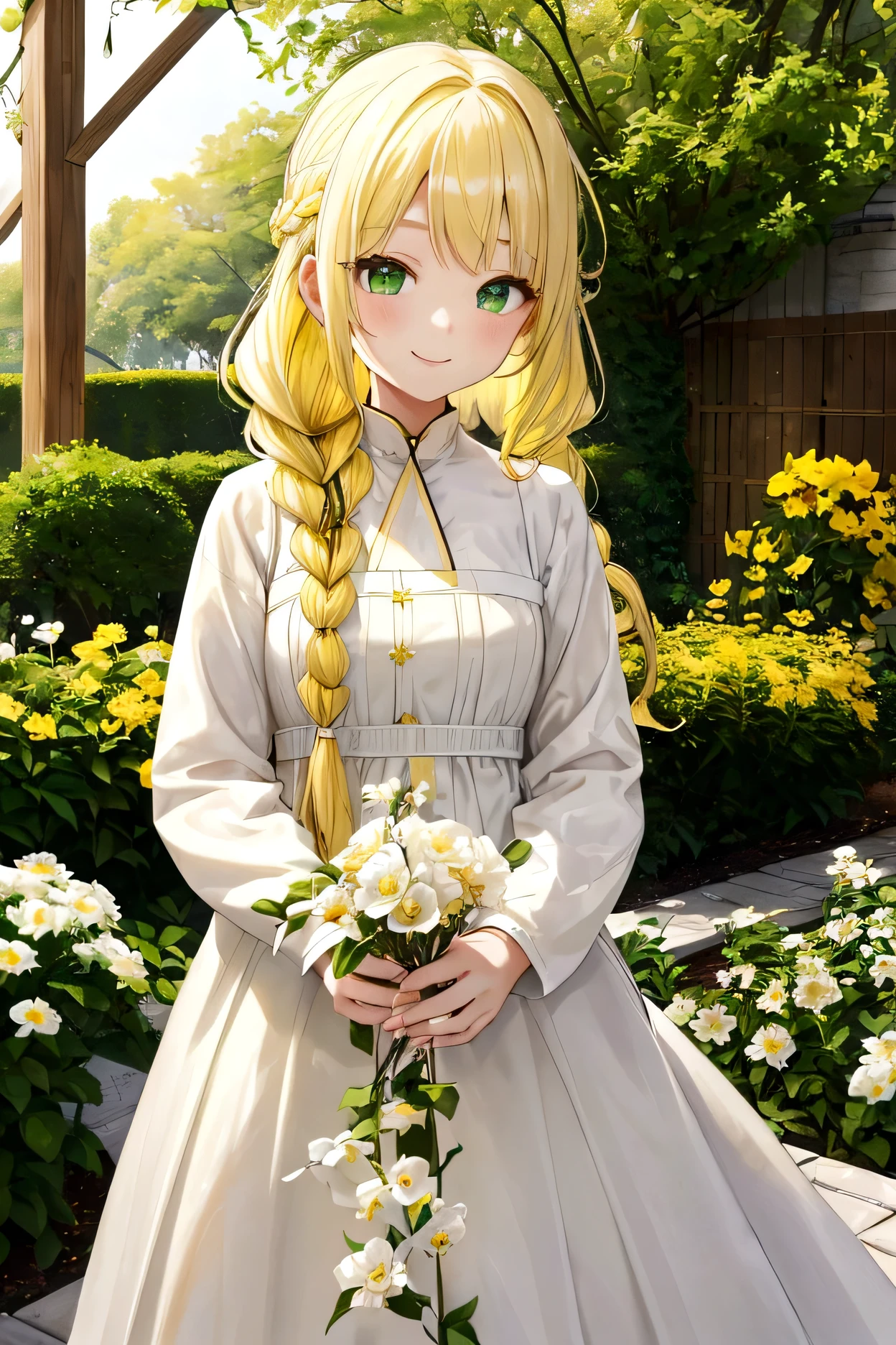 Yellow Hair、Wavy Hair、Braid、One Girl,20-year-old,Beautiful Face,whole body、Sharp focus,White Dress、A kind smile、Green Eyes、White clothes、Flower Hair Ornaments、garden
