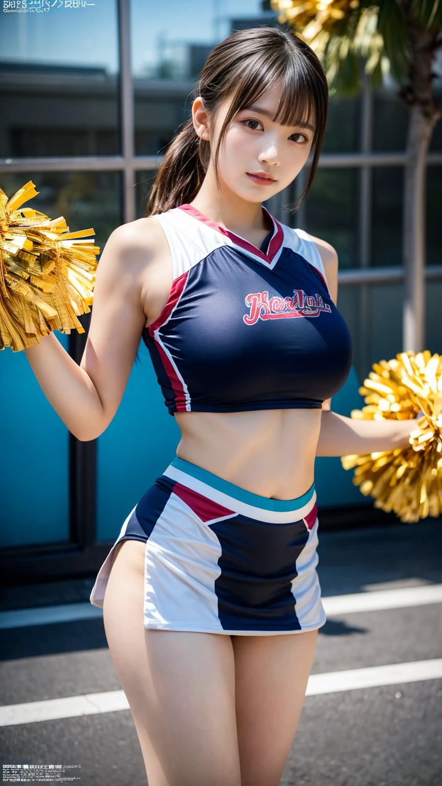 (8K, RAW Photos, Highest quality, masterpiece:1.2), (professional photography, full colors, studio-caliber color grading), (Gravure quality for high-end fashion magazines), BREAK,18 year old girl, (low ponytail:1.1), Big Natural Color Lip, Plumpy body, (smooth skin:1.1), (huge breasts:1.0), BREAK, (cheer girl:1.5),(a miniskirt), BREAK, hotel room, to stand, Harajuku style