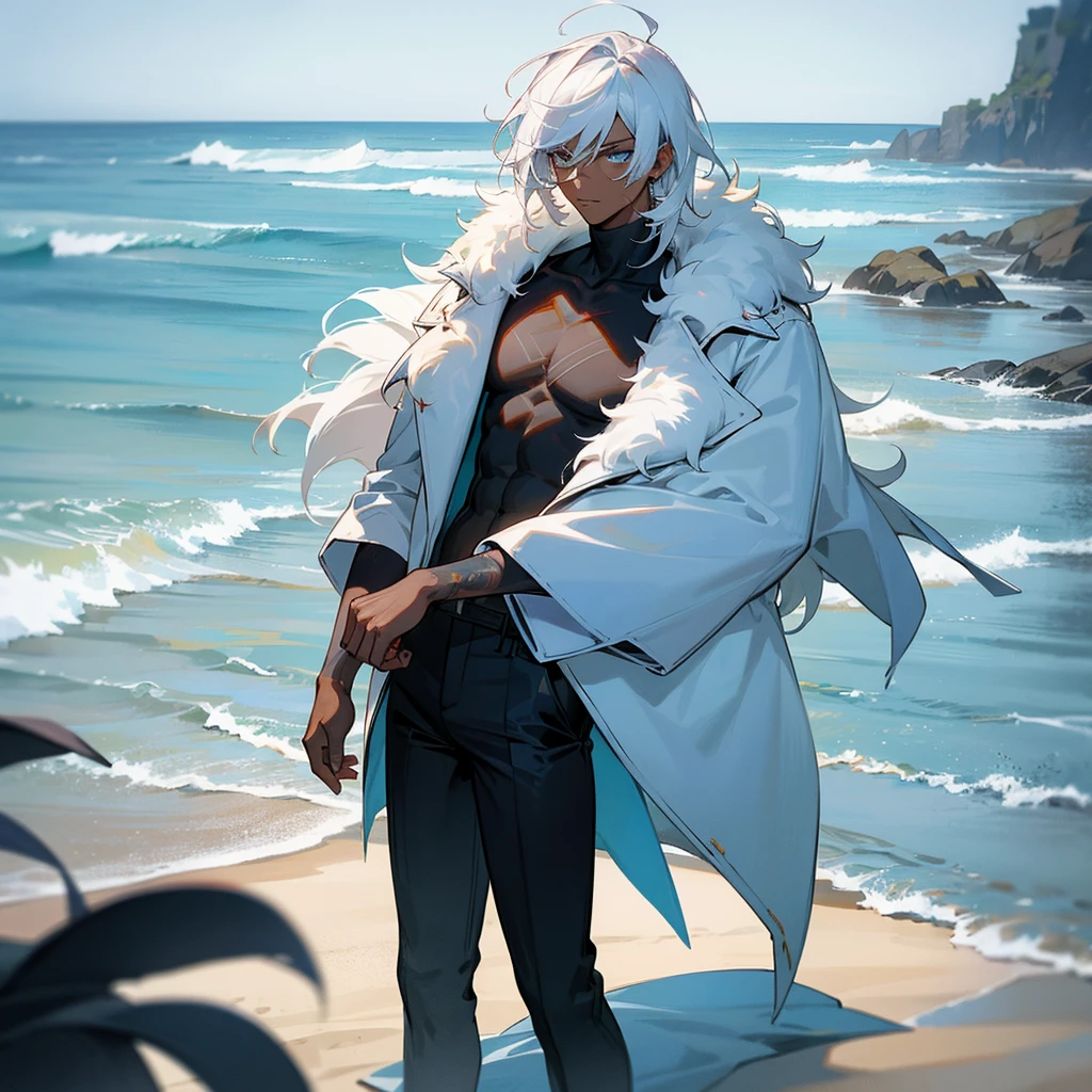 1male, young adult, dark skin, finely detailed aqua eyes, wild medium hair, seashell white hair color, long sleeve turtleneck sweater, oversized fur coat, standing on snowy path, day time, beach, somber expression, muscular, flowers, tattoos