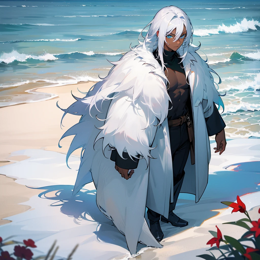 1male, young adult, dark skin, finely detailed aqua eyes, wild medium hair, seashell white hair color, long sleeve turtleneck sweater, oversized fur coat, standing on snowy path, day time, beach, somber expression, muscular, flowers, tattoos