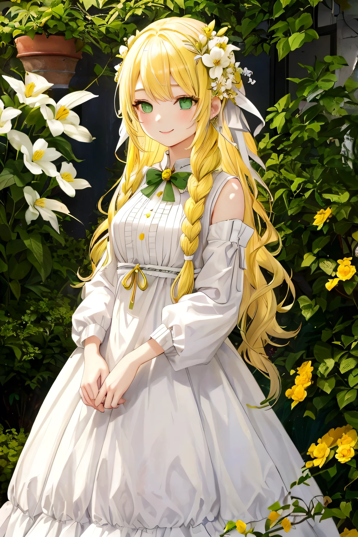 Yellow Hair、Wavy Hair、Braid、One Girl,20-year-old,Beautiful Face,whole body、Sharp focus,White Dress、A kind smile、Green Eyes、White clothes、Flower Hair Ornaments、garden