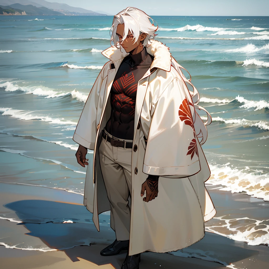 1male, young adult, dark skin, finely detailed crimson eyes, wild medium hair, seashell white hair color, long sleeve turtleneck sweater, oversized fur coat, standing on coast, day time, beach, somber expression, muscular, flowers, tattoos