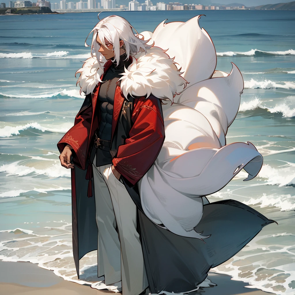 1male, young adult, dark skin, finely detailed crimson eyes, wild medium hair, seashell white hair color, long sleeve turtleneck sweater, oversized fur coat, standing on coast, day time, beach, somber expression, muscular, flowers, tattoos