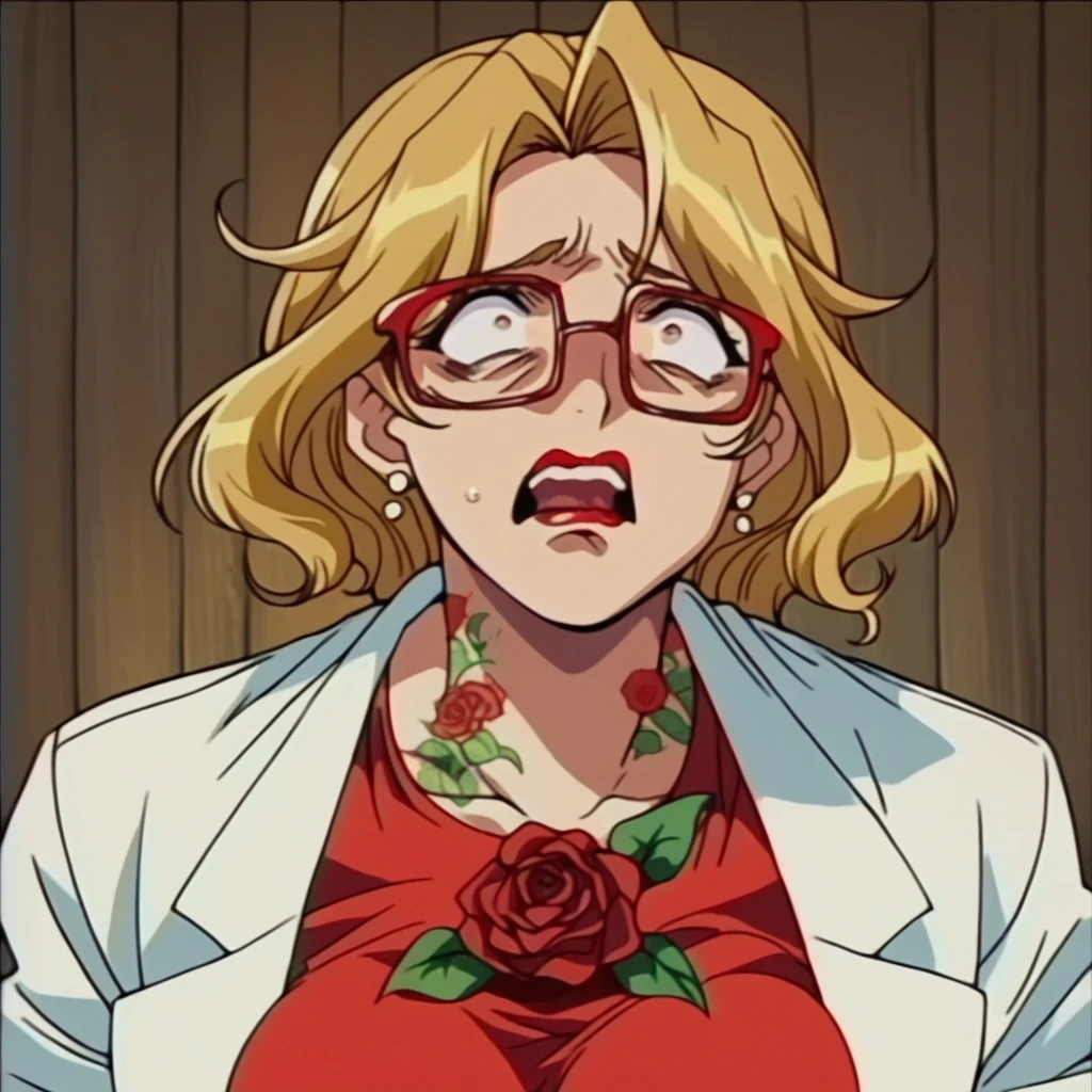 beautyful mature woman, Shion Karanomori based, blonde wavy hair, encorped body, red glasses, red lipstick, red low-cut dress, whole body roses tattoos, white jacket, milf, scared face, wood background
