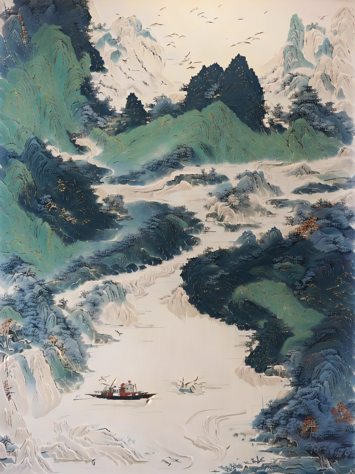 There is a painting，Painting of a man in a boat on the river, inspired Wu Guanzhong, Inspired by Jujube, zhang daqian, qi sheng luo, author：Xu Xi, Wu Guanzhong, by Dong Qichang, by Sheng Maoye, inspired by Fu Baoshi, by Li Rongjin，Blue