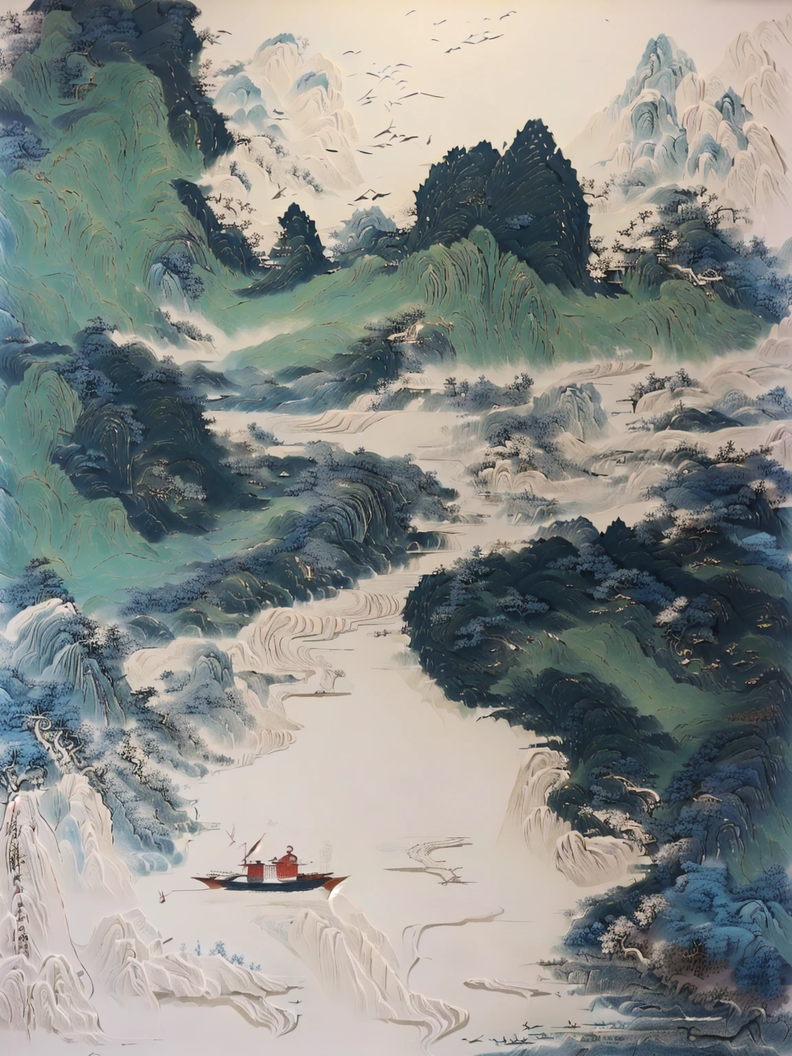 There is a painting，Painting of a man in a boat on the river, inspired Wu Guanzhong, Inspired by Jujube, zhang daqian, qi sheng luo, author：Xu Xi, Wu Guanzhong, by Dong Qichang, by Sheng Maoye, inspired by Fu Baoshi, by Li Rongjin，Blue