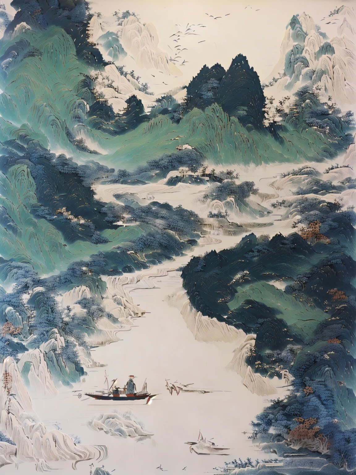 There is a painting，Painting of a man in a boat on the river, inspired Wu Guanzhong, Inspired by Jujube, zhang daqian, qi sheng luo, author：Xu Xi, Wu Guanzhong, by Dong Qichang, by Sheng Maoye, inspired by Fu Baoshi, by Li Rongjin，Blue