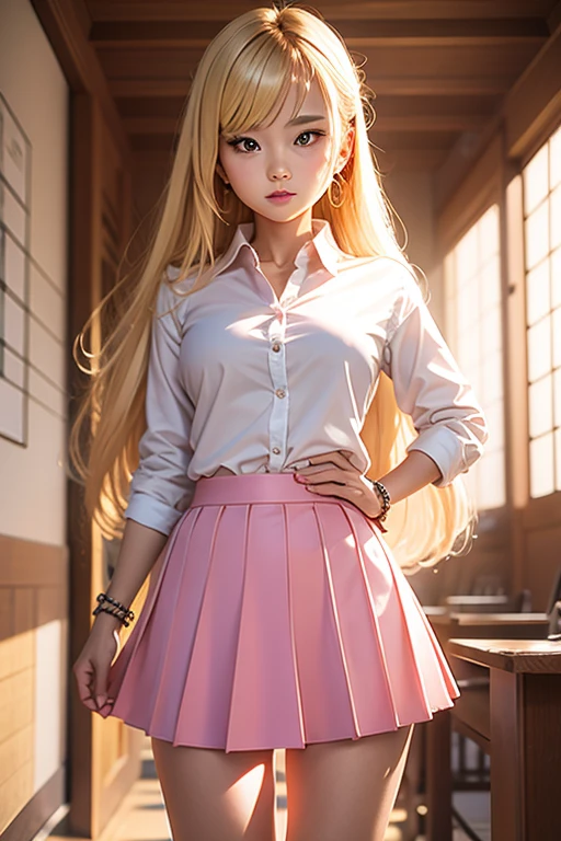 1 girl, standing alone, work of art, hair blonde,flat hair,long hair,pink lips, japanese school shirt, Japanese skirt,Cute and cute illustration,soft, bracelet, posando, Standing position,