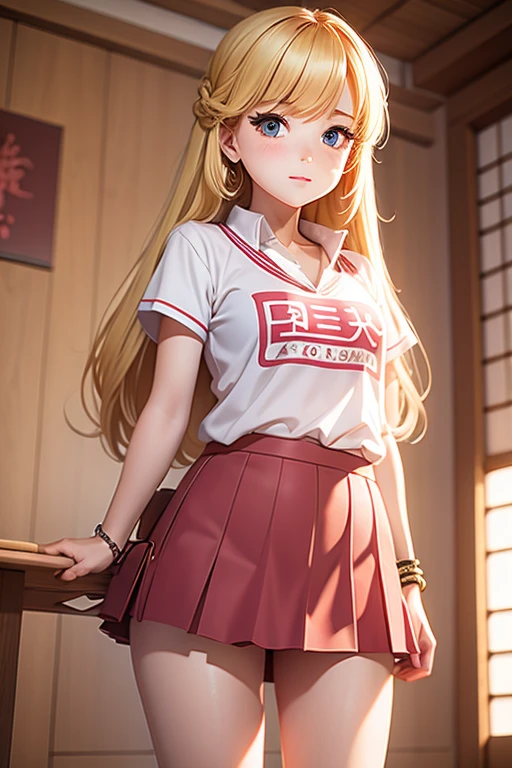 1 girl, standing alone, work of art, hair blonde,flat hair,long hair,pink lips, japanese school shirt, Japanese skirt,Cute and cute illustration,soft, bracelet, posando, Standing position,