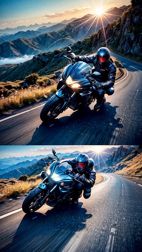 a rugged old man riding a motorcycle, speeding down a treacherous mountain road, overtaking a supercar in a jump, dramatic lighting, cinematic angles, hyperrealistic, 8k, detailed, masterpiece, photorealistic, dramatic lighting, cinematic composition, action scene, extreme sense of speed, intense motion blur, gripping tension, rugged facial features, determined expression, grey hair, wrinkles, leather jacket, worn motorcycle, mountain landscape, winding road, towering cliffs, blue sky with clouds, sun flare