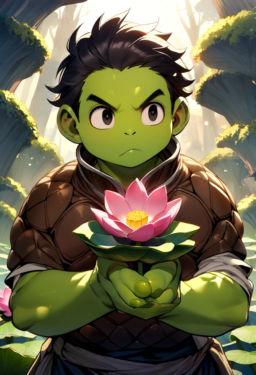 male kappa, black hair, big round black eyes, yellow beak, green skin, brown turtle shell, holding lotus leaf