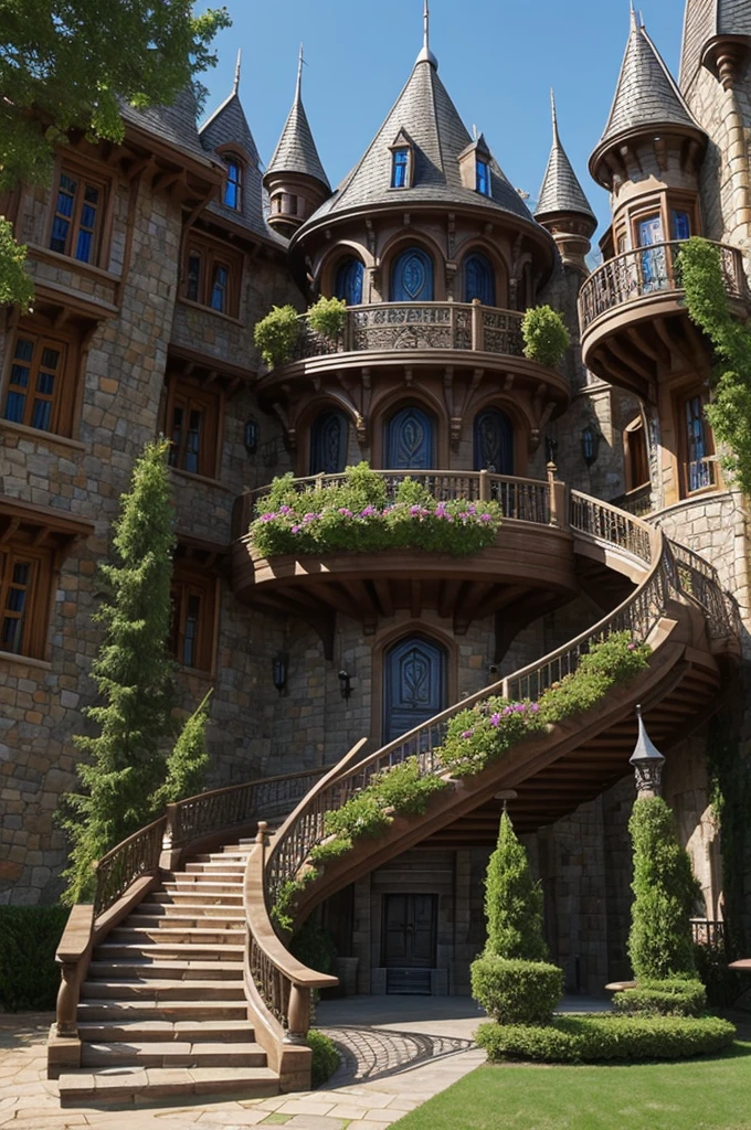 Fantasy castle with spiral entrance stairs