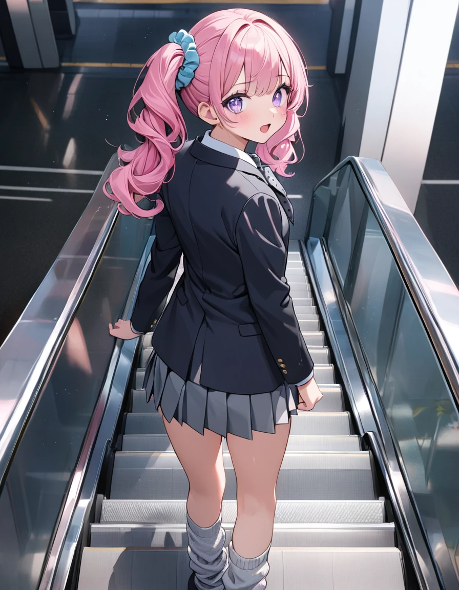 (8K, best quality, master piece: 1.2), super high resolution,1 girl,,solo,1ultra-detailed face,detailed eyes,Mascara,Bubblegum Pink hair,natural wave hair,twintails,Purple Eyes,flower-shaped pupils,(scrunchie,, blazer,Short pleated skirt),(gray:1.5),polka-dot pattern Ribbon tie,(loose socks:1.2),happy,open mouth,sigh,medium breasts,double peace,リムライト,standing on escalator,looking back,Look at Viewer
