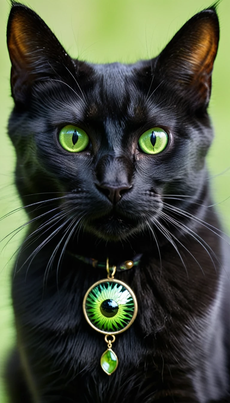 Close-up of a black cat's face, focusing on its chest where the fur forms a pattern that looks like a tiny mirror. The cat's eyes are an unnaturally bright green, reflecting something unseen and sinister.