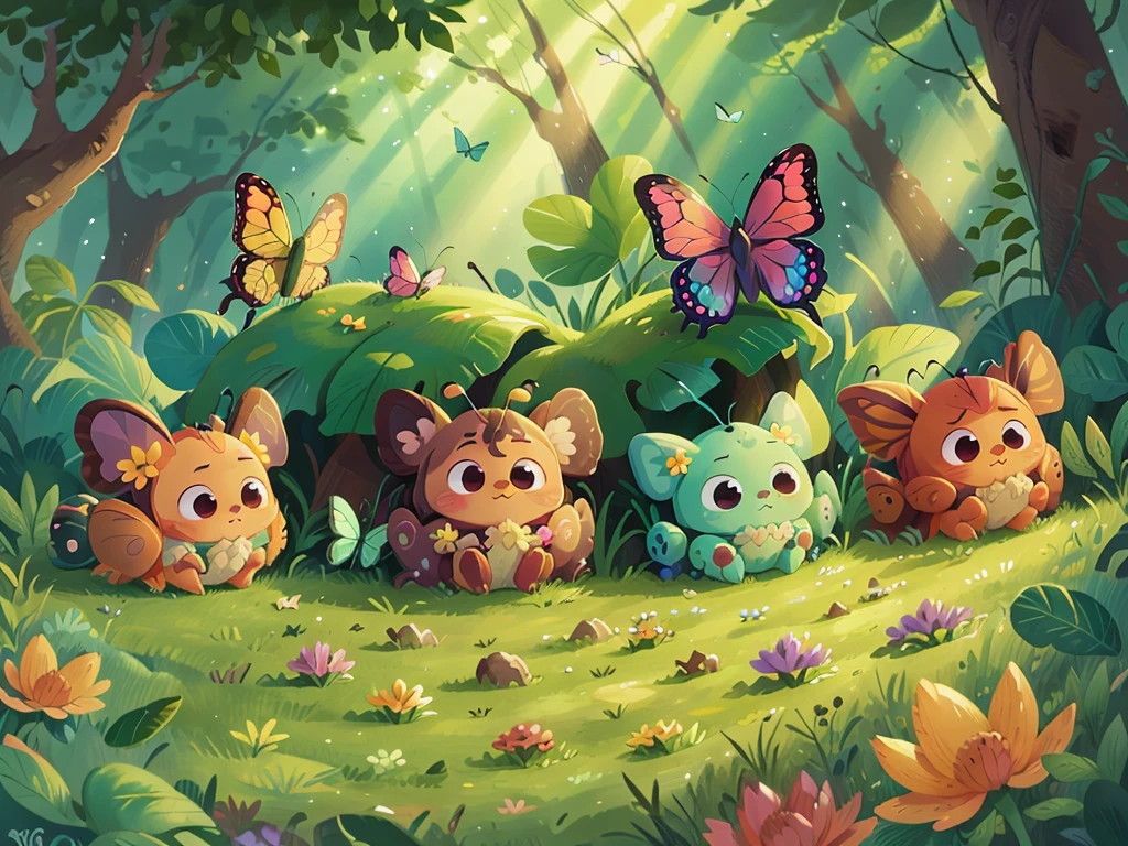 A group of cute cartoon butterflies，Surrounded by beautiful little flowers and nature,This illustration is a 4K high-definition illustration，The facial features are rich in detail，Cartoon Style，Cartoon Animals 1.5，Butterflies flying in the forest，No characters，Only normal butterflies