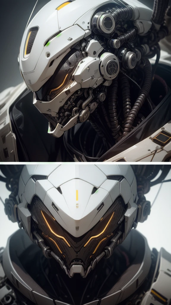 Luxury style, masterpiece, complex detailed, best quality, hdr, editorial fashion photo, biomechanical alien, sophisticated, high-end, luxurious, art by goro fujita, white and black colors, Cyberhelmet, cyber, cyberworld,