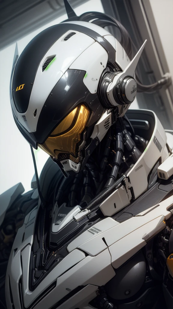 Luxury style, masterpiece, complex detailed, best quality, hdr, editorial fashion photo, biomechanical alien, sophisticated, high-end, luxurious, art by goro fujita, white and black colors, Cyberhelmet, cyber, cyberworld,