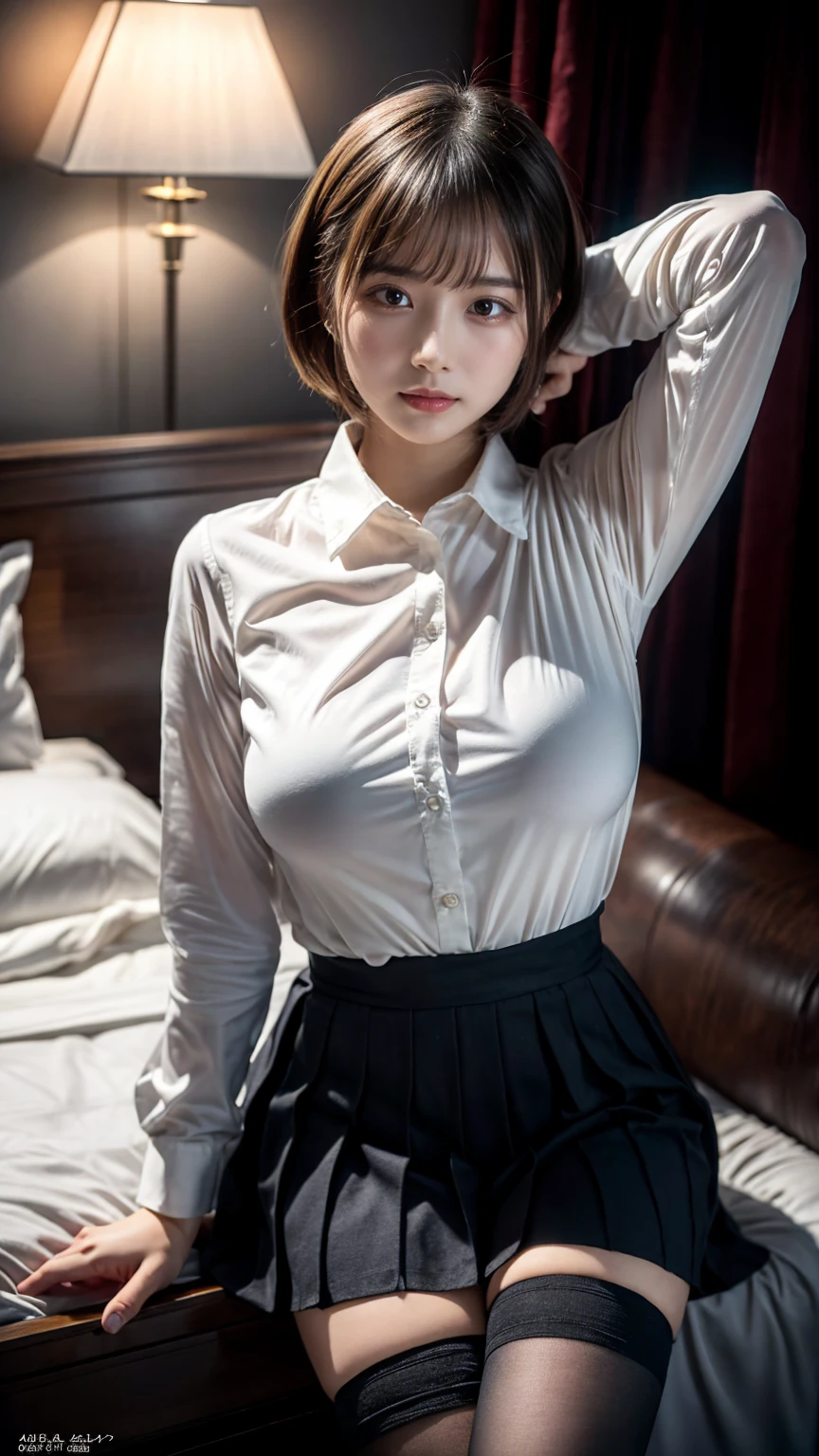 (8K, RAW Photos, Highest quality, masterpiece:1.2), (professional photography, full colors, studio-caliber color grading), (Gravure quality for high-end fashion magazines),  BREAK,18 year old girl, (short bob hair:1.1), Big Natural Color Lip, Plumpy body, (smooth skin:1.1), huge breasts,  BREAK, (collared shirt:1.1), pleated skirt, knee high socks, BREAK, hotel room, cute type, ta