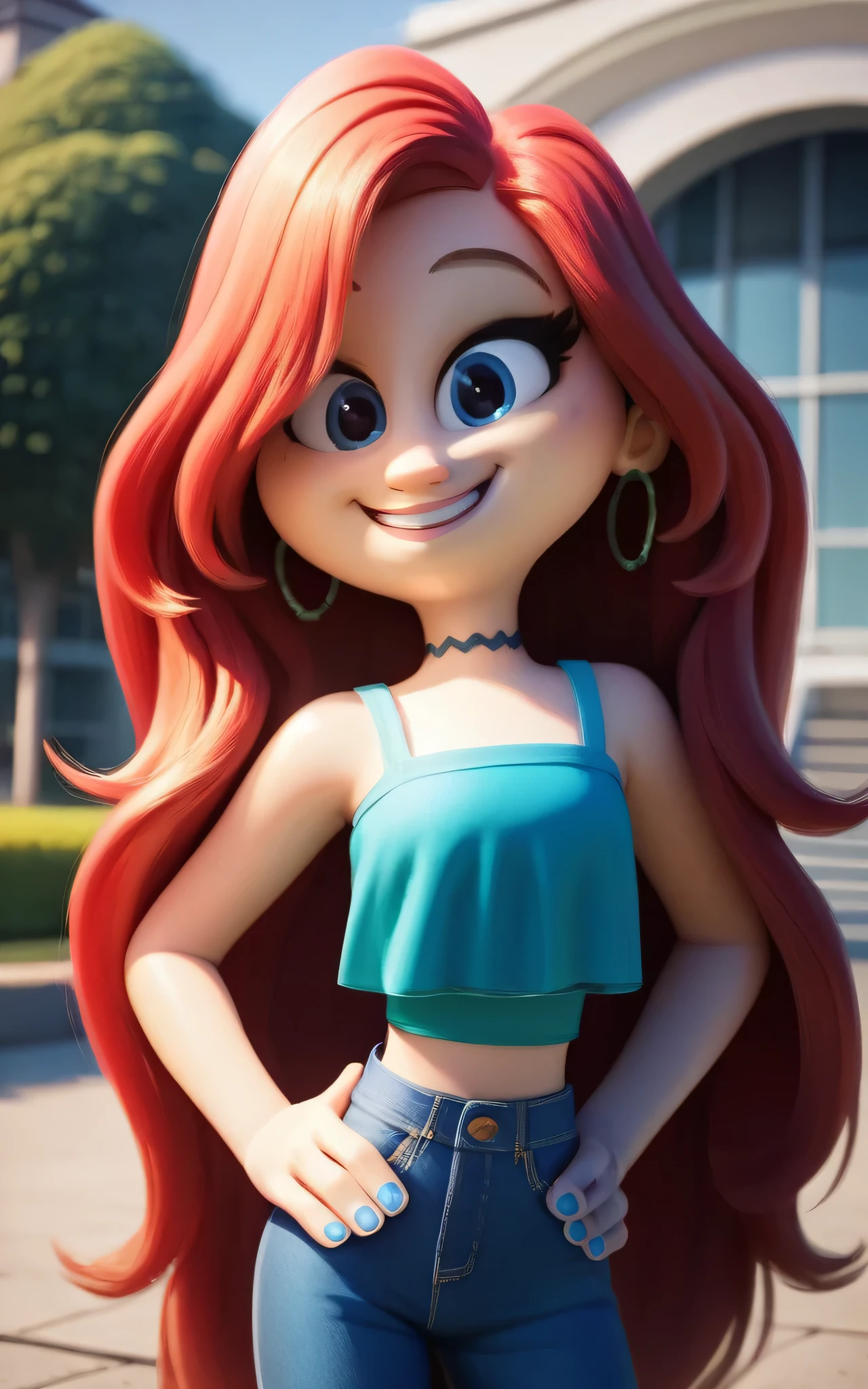 masterpiece, best quality, highly detailed, score_9, score_8_up, score_7_up, score_6_up,source_anime, BREAK, chelsea, 1girl, midriff, upper body, choker, smile, jewelry, very long hair, standing, red hair, earrings, shoes, pants, blue eyes, aqua ruffle crop top, denim, blue nails, jeans, hoop earrings, blue pants, high school park background, looking at viewers, solo, hands on hip