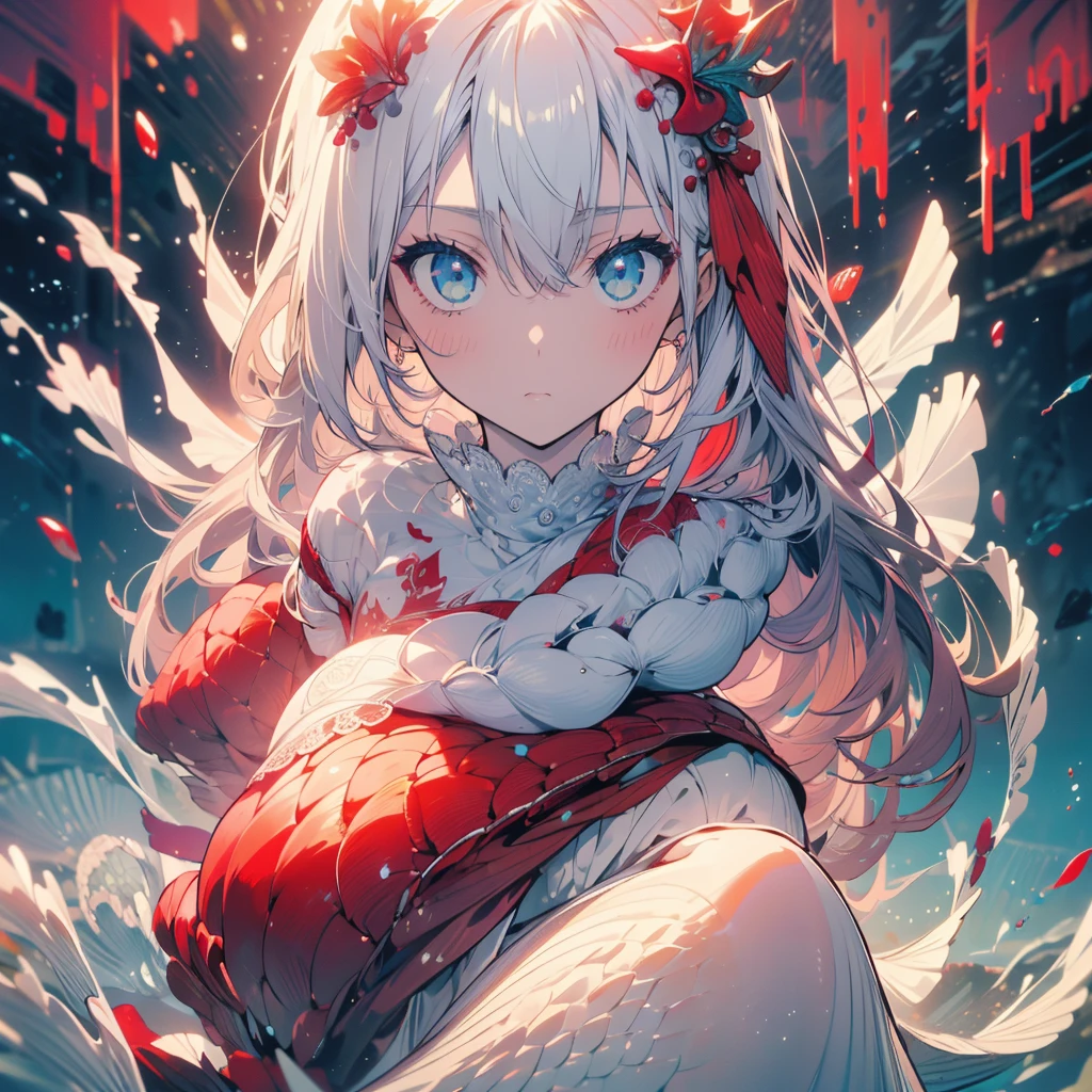 ((masterpiece, best quality)), Delicate face,red, Mermaid under the sea,Scales,whole body,Standing picture,Large Breasts,Gradient long wavy hair,Perfect body proportions,beautiful eyes,Extremely beautiful,transparent,Pure white background,Water Ripples,Sexy Lingerie,Lace