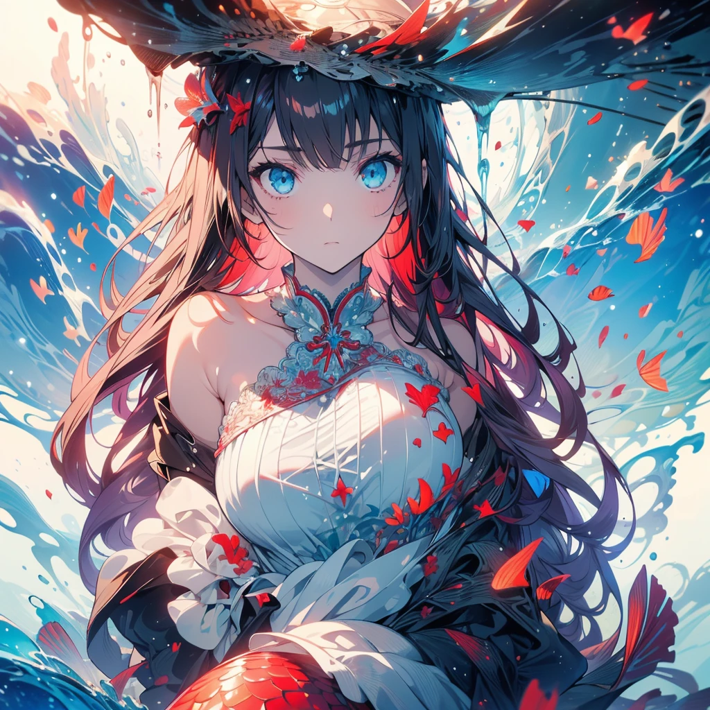 ((masterpiece, best quality)), Delicate face，red， Mermaid under the sea，Scales，whole body，Standing picture，Large Breasts，Gradient long wavy hair，Perfect body proportions，beautiful eyes，Extremely beautiful，transparent，Pure white background，Water Ripples，Sexy Lingerie，Lace