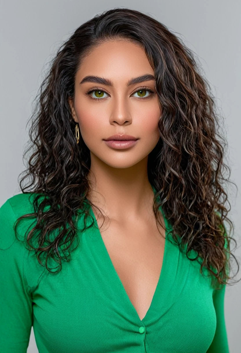 score_9,score_8_above,score_7_above,fine details in everything, A beautiful woman, gorgeous latina face, young Brazilian Nyvi Estephan, brazilan supermodel, serene and elegant beauty, Angolan descent, 30 year old young adult, sexly, photorrealistic:1.4), corpo todo pose sexly, photo by full body, ((seducer)), sensuous, ((tight knit shirt, shorts courts sensuous)), gazing at viewer, rosto sexly, tall woman, a stunning black woman, with indigenous traits, Beautiful indigenous girl, native Brazilian, ((An indigenous African girl with European ebony)), ((Your beauty is undeniable)), beautiful young ebony girl with dark skin, tanned mexican, hair with black highlights brown, Curly black hair with brown highlights, Voluminous black hair with brown highlights, vibrant and dynamic cut with soft waves can give a modern and stylish touch. She has an exotic beauty with beautiful green eyes, realistic green eyes, eyes glowing green, ultra detailed green eyes, ultra realistic green eyes, natural green eyes, hyper realistic eyes, eyeliner, long eyelashes and a defined, penetrating look that conveys confidence, memorable, powerful expression, strong presence, maquiagem memorable, red lipgloss stick, fleshy lips, voluminous lips, lábios seduceres, captivating, memorable, unforgettable, dazzling and mischievous smile, sexly, seus traços são captivatings. beautiful and detailed face, detailed skin texture, perfect eyebrows that arch gracefully above the eyes, small nose that is proportionate to the face and a soft contour of the face that accentuates high cheekbones. Beautiful and glowing skin, details Intricate, unsmooth skin, healthy and radiant appearance, Attractive slim woman, medium bust, athletic, Waist slender, Broad Hips, big-ass, thick-thighs, shapely legs. urban photography, urban environment, Woman in shopping center, shopping mall background. 3d 4k, high resolution, Full photo realistic sharpness, breath-taking,
