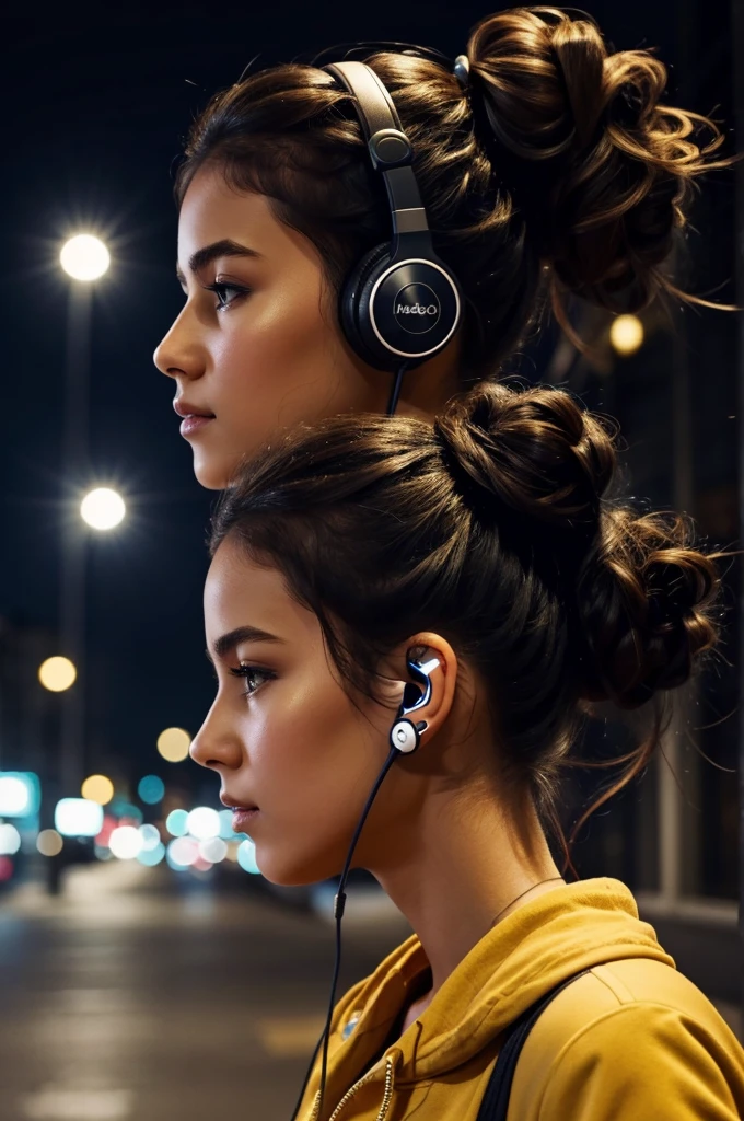 1. Girl with hair up.
2. Listening to music with headphones.
3. Walking alone in the city at night.
4. side view.
5. let the whole body be seen 
