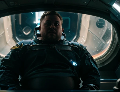 Close UP of intergalactic ship using thrusters to reach the speed of light in the universe ,The captain of the astronauts is a plump, chubby man, extremely thick thighs, a large belly, fat. Passing inside the spaceship laboratory , he checks an analysis under the microscope. . He wears a spacesuit. A humanoid creature similar to a lizard and fish talks to the astronaut.An astronauts back infront of a colossal ship in space.dentro da espaçonave. Caminhando no laboratório, foto de corpo inteiro fotografia de Corpo completo.