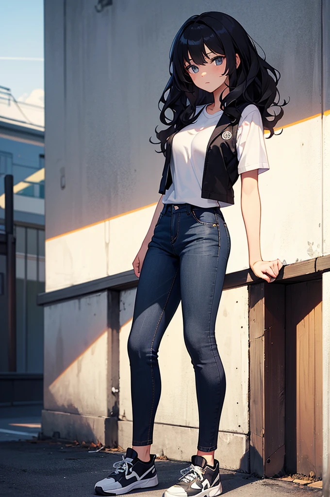 a 29 year old girl has a white shirt and a black vest, sports shoes and jean pants, His hair is black and wavy., his eyes are brown, It is of medium status, your tits are marked on your shirt, is standing facing the viewer.
