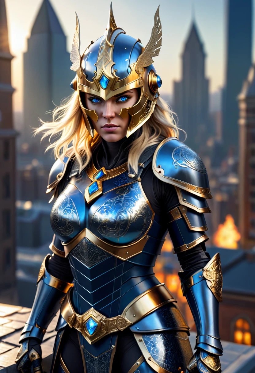 a full body shot of a woman standing on a roof top looking down at a city. A blonde woman, (glowing blue eyes), pretty face, full face, medium length straight hair over one shoulder. she wears shiny dark blue bikini armor with gold trim (deep v-neck and exposed cleavage:1.4), midriff, large breasts, Natural skin texture, detailed skin. City scape background. , hex pattern on armor, intricate runes carved on armor, reflective surface, and a (Norse helmet with wings on the side covers her head:1.3), intricate details, armored glove, (left glove is gold with gemstones and runes). a stern expression on her face. (highres:1.3) (4k,8k,best quality, masterpiece), full-body image, volumetric lighting, lens flare.
