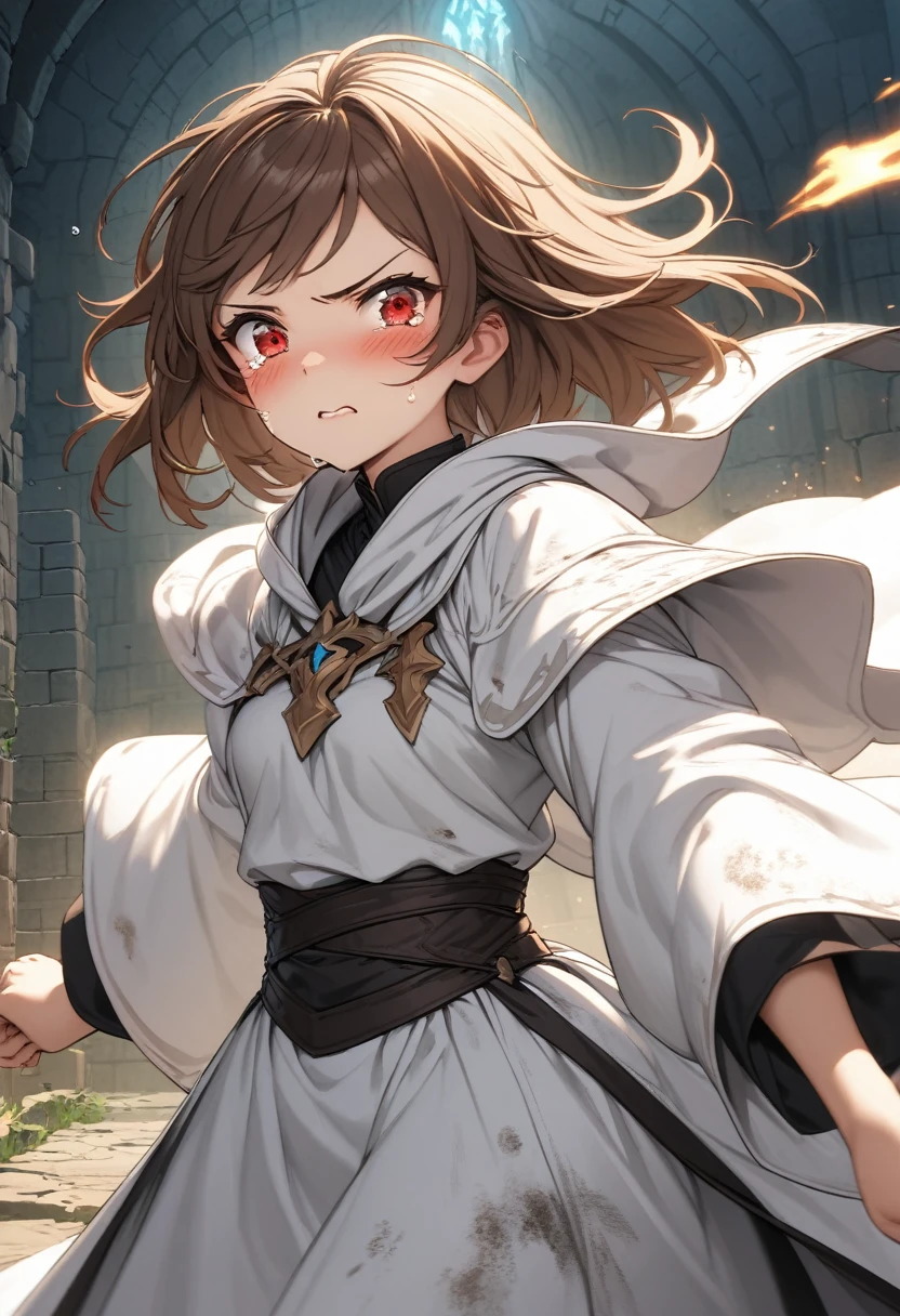 Adult female, average height, very short brown hair, red eyes, cleric, black on white cleric robes, blushing, angry, tears welling in eyes, fantasy dungeon, running from monsters, highly detailed, high quality, perfect eyes, perfect face, dirty, cuts, alone