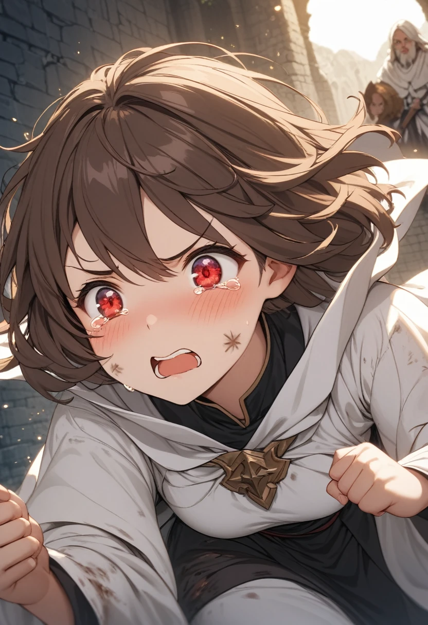 Adult female, average height, very short brown hair, red eyes, cleric, black on white cleric robes, blushing, angry, tears welling in eyes, fantasy dungeon, running from monsters, highly detailed, high quality, perfect eyes, perfect face, dirty, cuts, alone