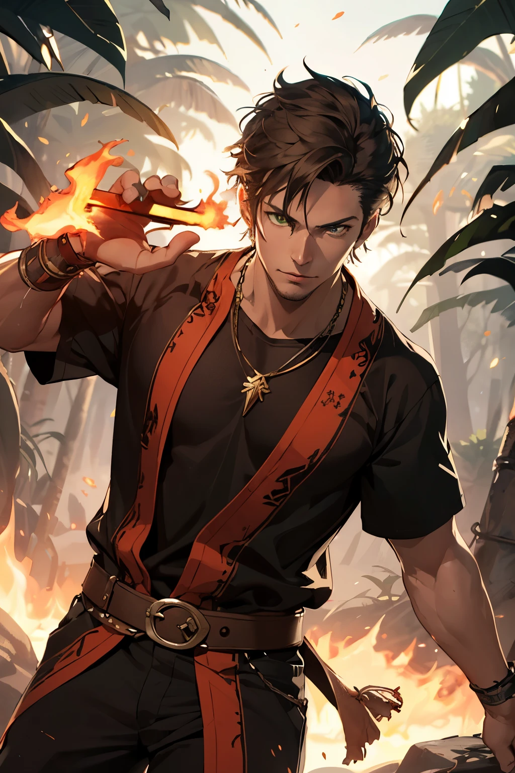 ((best quality)), ((masterpiece)), (detailed), white skin, mascular male, green eyes, short brown hair, black tunic, jungle, fire mage, short sleeve, hyper realistic, strong male, mature male, necklace, fire mage, fire from hand, fighting stance, perfect eyes,