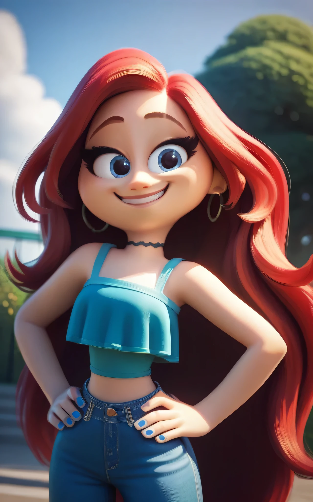 masterpiece, best quality, highly detailed, score_9, score_8_up, score_7_up, score_6_up,source_anime, BREAK, chelsea, 1girl, midriff, upper body, choker, smile, jewelry, very long hair, standing, red hair, earrings, shoes, pants, blue eyes, aqua ruffle crop top, denim, blue nails, jeans, hoop earrings, blue pants, high school park background, looking at viewers, solo, hands on hip