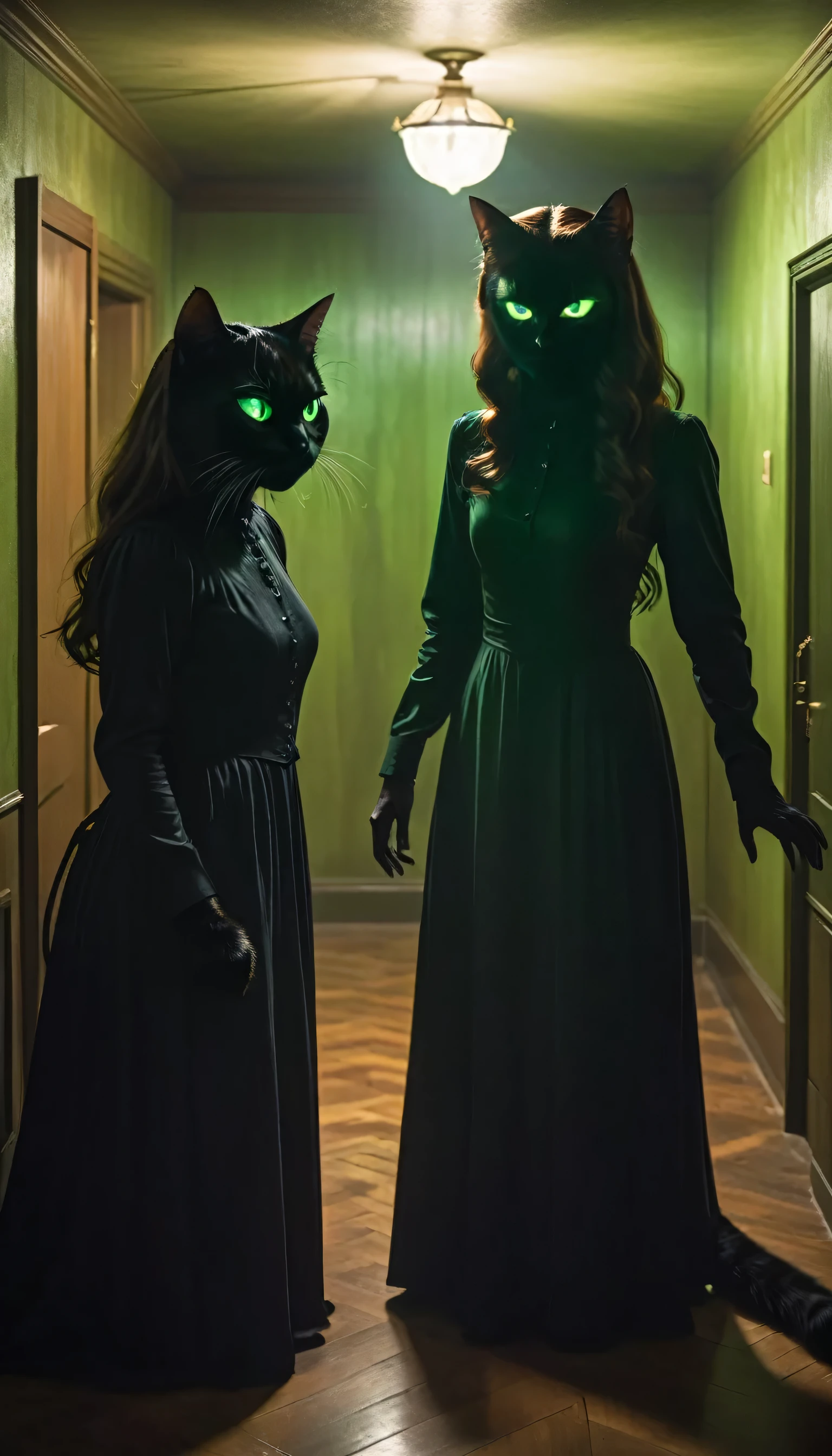 The final confrontation: two identical women facing each other in a room that's half normal, half shadowy void. One looks terrified (Sarah) while the other smiles malevolently with glowing green eyes (the doppelganger). Between them, the fading form of a black cat seems to be transforming into shadow