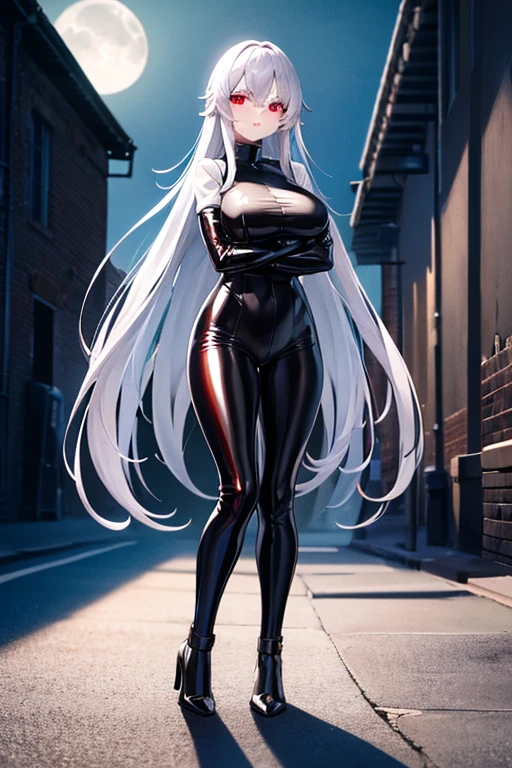 A girl, White skin, long silver hair, red eyes, wearing a tight black latex suit, big breasts, alley, evening, Moonlight, absurd, high resolution, ultra-sharp, 8k, Masterpiece, front view, looking at the viewer