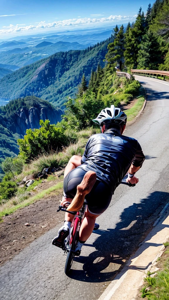 Elderly man riding a bike、Running along steep mountain paths、Jump over a supercar