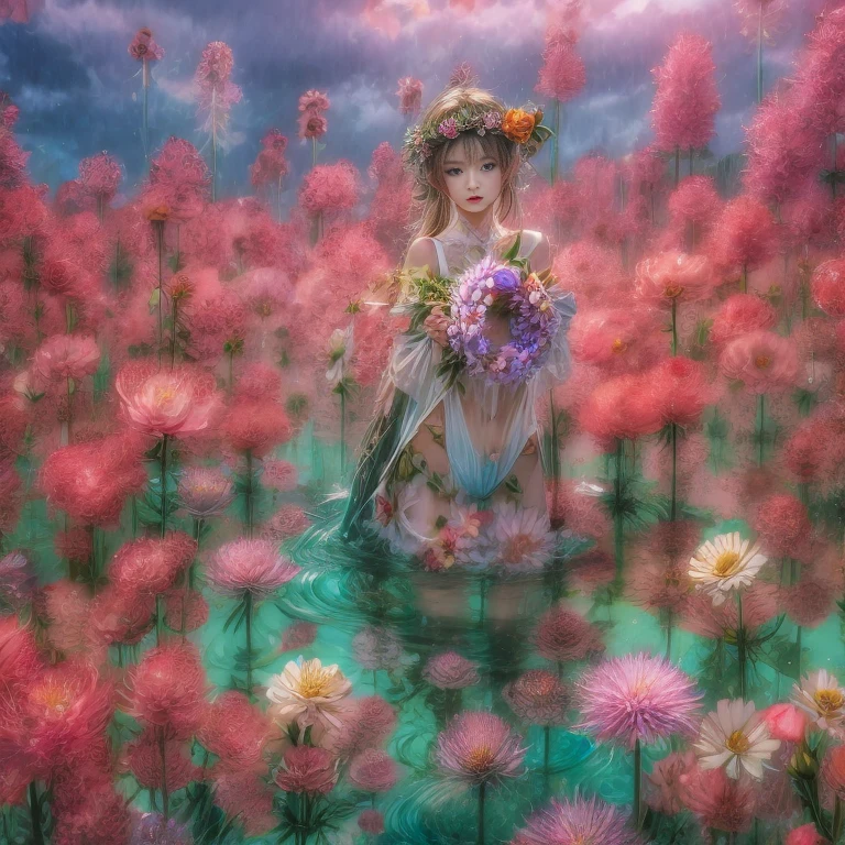 Crimson in Pearly RainbowColors,ExtremelyDetailed(ProfessionalPhoto of Girl Floating in the Sky:1.37)ZoomLayer{Stunning|Mystic|GodRays|Haze}, 280th floor infinity pool, Tallest building in the urban forest, {Around bonsai|Luo Han Song|coconut palms|tulips|Rose flower}, (Masterpiece 8K TopQuality:1.2), (ExtremelyDetailed NOGIZAKA face and Eyes:1.37)ElaboratePupils with (SparklingHighlights:1.28) DoubleEyelids with Voluminous LongEyelashes RosyCheeks (Joyful Expressions LifeLike Rendering)MotionBlur BREAK Detailed impeccable Radiant PearlSkin with Transparency, Skinny(SchoolSwimwear) {(HiddenHand)|((Corrected BabyLike Hand))} (Whole Body Proportions and all limbs are Anatomically Accurate), (FlowerWreath WrappedBody Flowers Covering girl's body Full of Flowers){Dazzling RainbowColorHorizon|ColorfulSky|ColorfulClouds|Starly Stars}(extra limbs:-1.4)(Not Detailed Face:-1.4)(Not Detailed Hand:-1.4)
