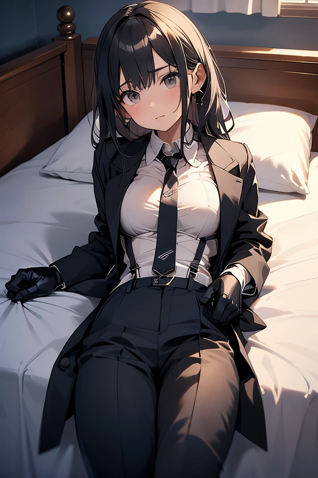 suspenders Moderate breasts Small face holster Beautiful woman Lying in bed Looking up Sweat summer 脇Sweat Black Hole Gloves suit shirt Black jacket Black trousers Leg Links