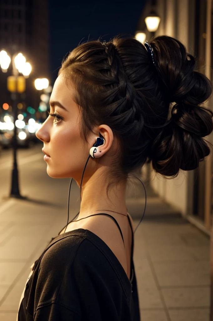 1. Girl with hair up.
2. Listening to music with headphones.
3. Walking alone in the city at night.
4. side view.
5. let your whole body be seen