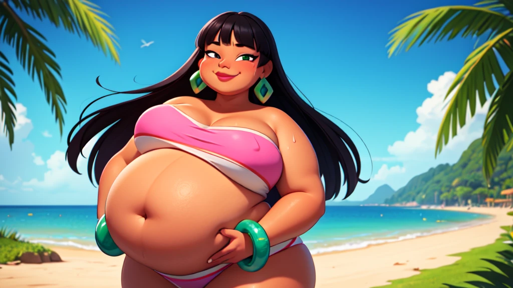 (work of art:1.2, best qualityer:1.2), SSBBW, Giant breasts, thunder thighs, soft ambient lighting, perfect lighting, 1 girl, standing alone, Chel, Bblack hair, long hair, rhombus stripe, eyes browns, darkskin, lipstick, breasts big, Broad Hips, top of the tube, neckleace, bared shoulders, emerald earrings, emerald bracelets, looking at the camera with a smug expression on his face, beach background, very large body, fat belly rolls, big breasts, sexy smile, fat arms, thunder thighs, super fat, looking at viewer, wet clothes, sweating very hard, sexy looking, blob