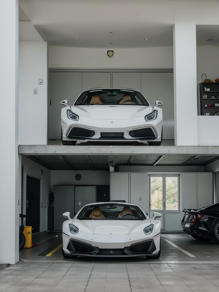 Modern and minimalist house, contemporary features, Fujifilm GFX 100S, capturing every detail and achieving unparalleled image clarity, full garage photo, Ferrari 488 Pista Spider.