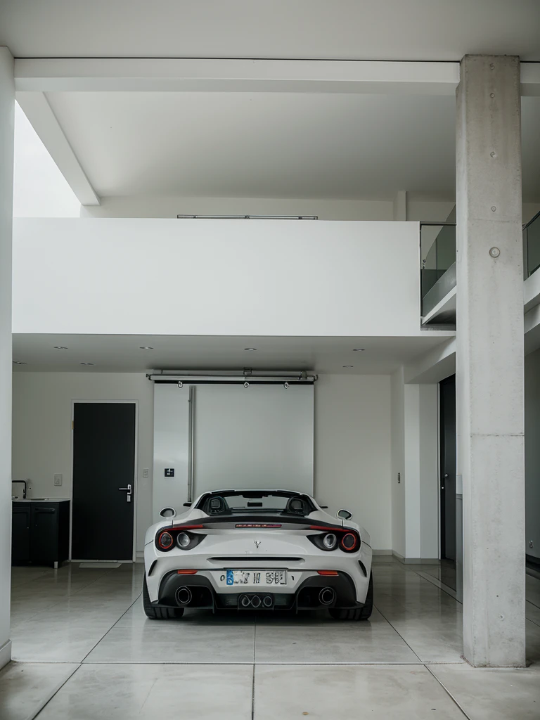 Modern and minimalist house, contemporary features, Fujifilm GFX 100S, capturing every detail and achieving unparalleled image clarity, full garage photo, Ferrari 488 Pista Spider.