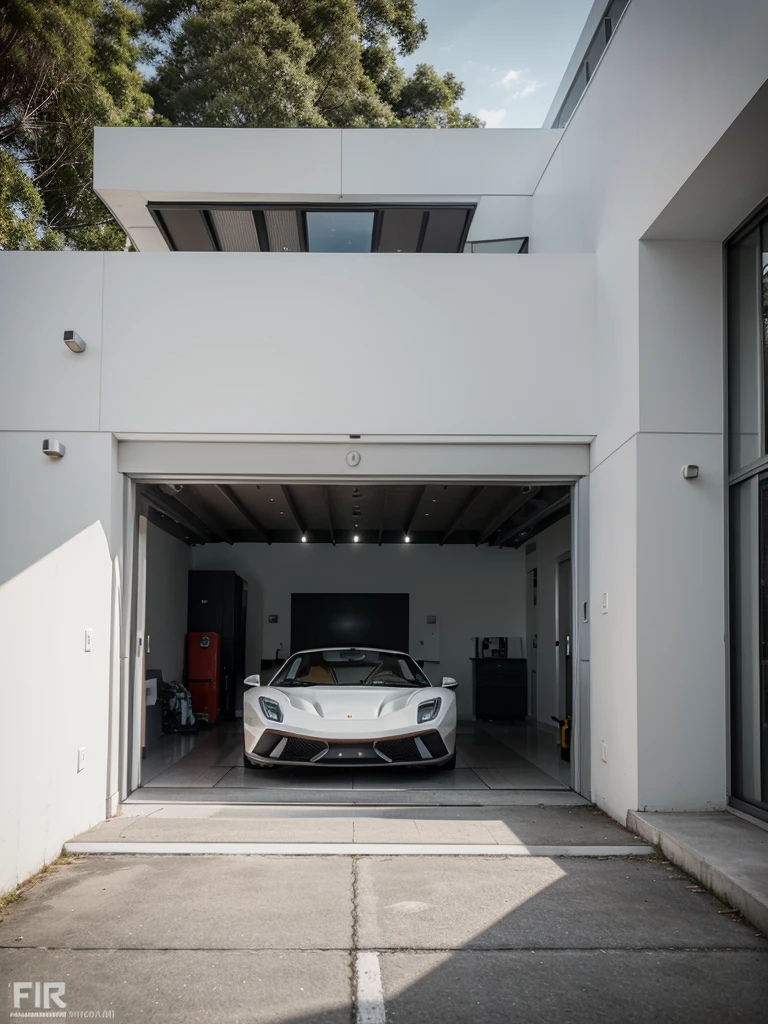 Modern and minimalist house, contemporary features, Fujifilm GFX 100S, capturing every detail and achieving unparalleled image clarity, full garage photo, Ferrari 488 Pista Spider.