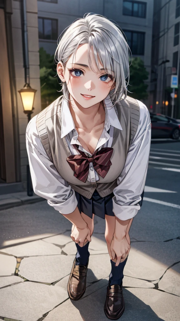 (masterpiece:1.3, Highest quality, Ultra-high resolution, Super detailed), (Realistic, photoRealistic:1.4), Beautiful illustrations, Perfect lighting, Natural light, colorful, Depth of written boundary, Surrealism,
Beautiful detailed hair, Beautifully detailed face, Beautiful attention to detail, Beautiful clavicle, Beautiful body, Beautiful breasts, Beautiful thighs, Beautiful feet, Beautiful fingers, Shiny skin,
View your viewers, 1 Girl, Japanese, high school girl, (Perfect ???????, Anatomically correct, Highly detailed skin), Cute and symmetrical face, Baby Face, Perfect Face, Perfect Eyes,
(short hair, lob hair, Sideburns, Silver Hair), Swept-apart bangs, blue eyes, Big eyes, Long eyelashes, (Medium chest, Captivating thighs), thin, outAre standing style,
((Detailed cloth texture, break,break, White collared shirt, break,break, Light brown knit vest, break,break, Grey pleated skirt, break,break, Red bow tie), break,break, White socks, Black Loafers),
(Beautiful views), evening, (Downtown), Are standing, Leaning forward, (Put your arms behind your back), (Cute smile, Part your lips),