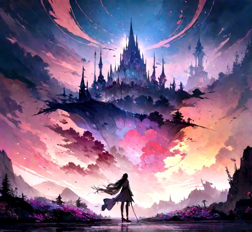 Digital watercolour fantasy landscape Illustration by Waterhouse, Carne Griffiths, Minjae Lee, Ana Paula Hoppe, Stylised watercolour art, Intricate, Complex contrast, HDR, Sharp, soft Cinematic Volumetric lighting, flowery pastel disintegrating colours, wide long shot, perfect masterpiece, detailed matte painting, deep color, fantastical, intricate detail, splash screen, complementary colors, fantasy concept art, 8k resolution trending on Artstation Unreal Engine 5
