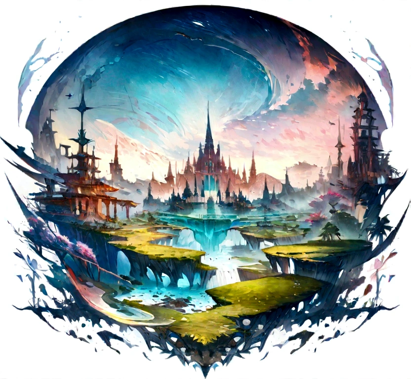 Digital watercolour fantasy landscape Illustration by Waterhouse, Carne Griffiths, Minjae Lee, Ana Paula Hoppe, Stylised watercolour art, Intricate, Complex contrast, HDR, Sharp, soft Cinematic Volumetric lighting, flowery pastel disintegrating colours, wide long shot, perfect masterpiece, detailed matte painting, deep color, fantastical, intricate detail, splash screen, complementary colors, fantasy concept art, 8k resolution trending on Artstation Unreal Engine 5