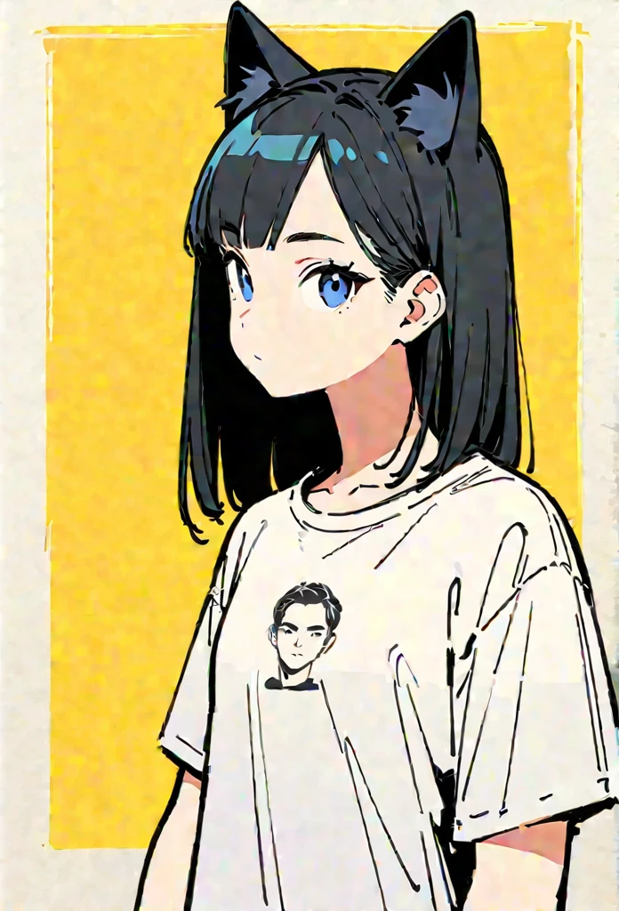 (Thick painting style),Thick line drawing, ((masterpiece,)),(((Highest quality))),(sketch),((Adult women in their 20s)),Short black hair,Black cat ears,Pure white T-shirt,jeans,(((Character Portrait,Full Art))),flat chest