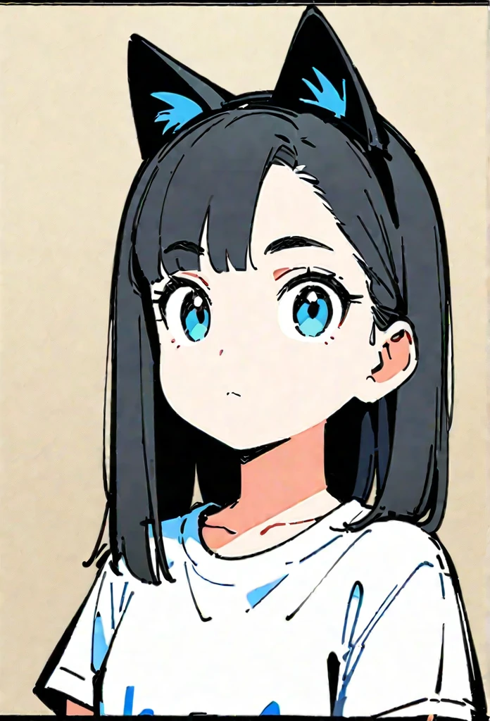 (Thick painting style),Thick line drawing, ((masterpiece,)),(((Highest quality))),(sketch),((Adult women in their 20s)),Short black hair,Black cat ears,Pure white T-shirt,jeans,(((Character Portrait,Full Art))),flat chest