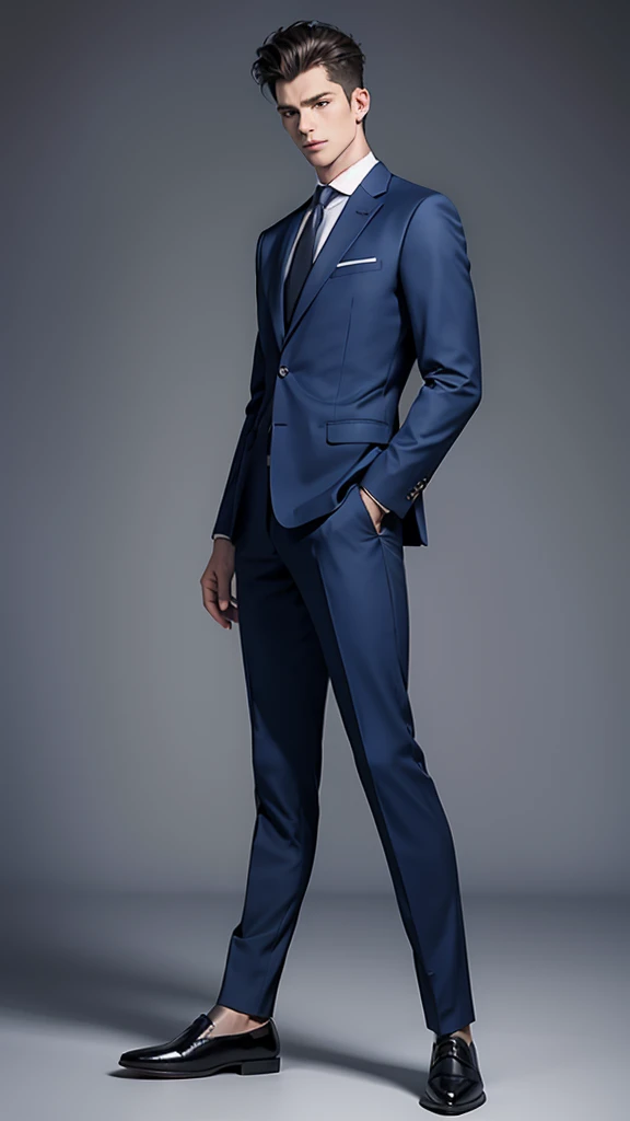 a full-length masculine man, in a casual pose. slim build. wearing navy blue suit jacket and blue trousers and detailed polished shoes. Hairstyle should be simple and natural. Try to keep body proportions realistic and avoid distortions. Face should be in a neutral expression, looking straight ahead, full-length distant view, 0° angle, frontal, framing distance 5790 mm